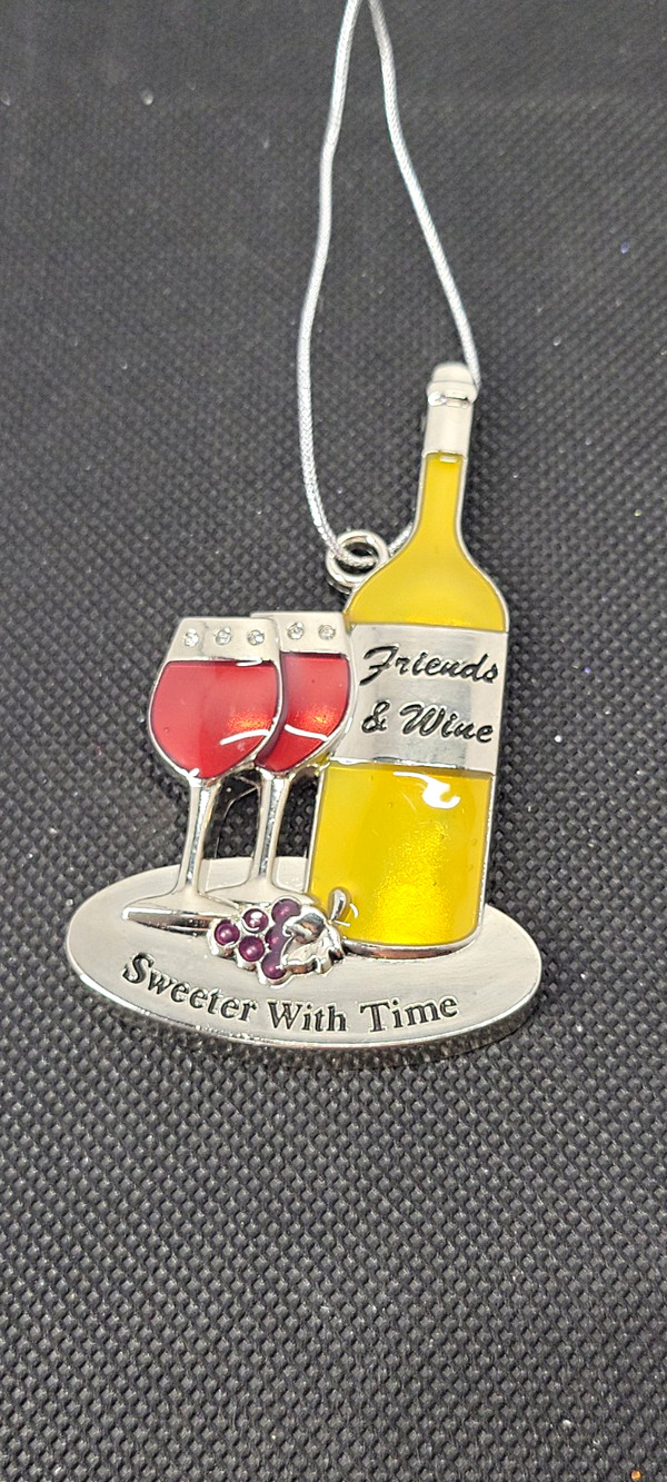 Friends & Wine Sweeter With Time Wine Bottle Hanging Ornament Metal 3 in